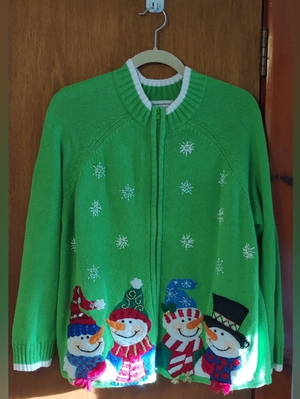 Lime Green Snowman Holiday Zip-Up Sweater